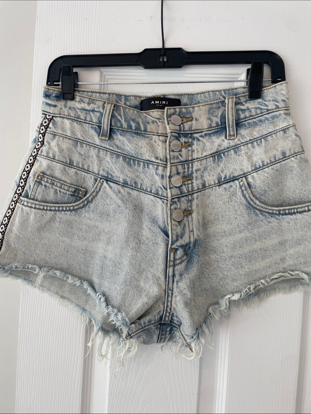AMIRI Acid Wash High-Rise Denim Cutoff Shorts - Light Blue